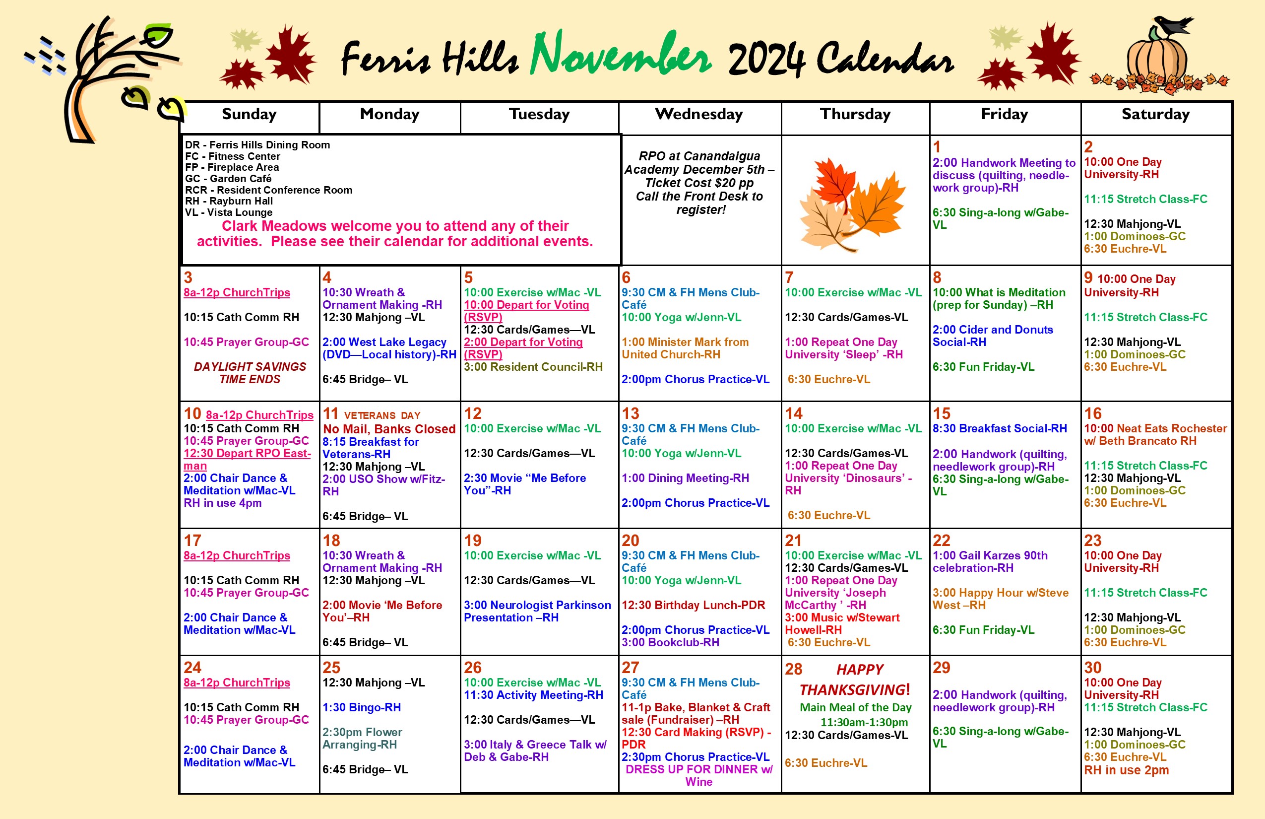 Ferris Hills Activities Calendar